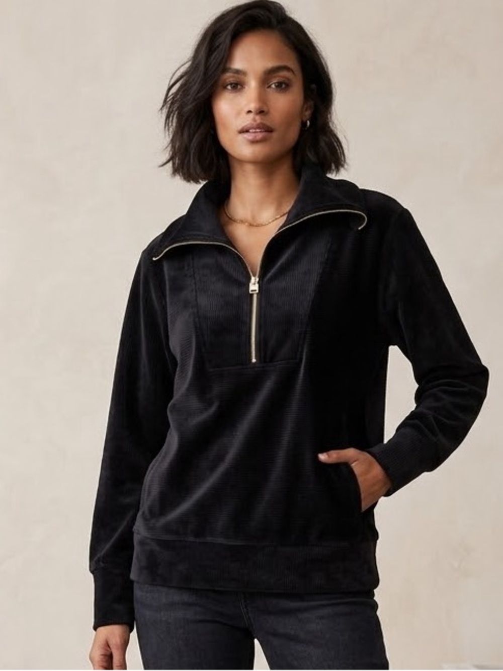 Halston Black Velour Half-Zip Jacket with Gold Hardware, Women’s Size Medium